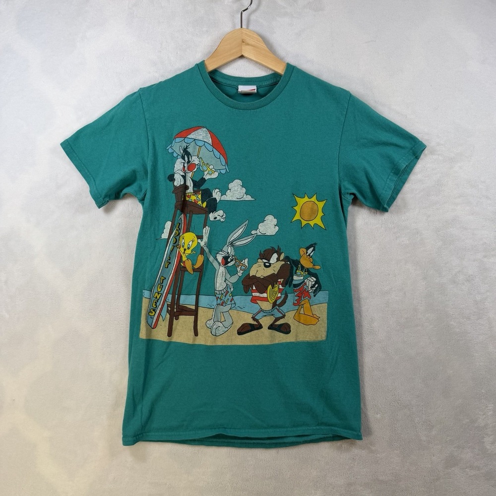 Vtg Y2K Looney Tunes Signet Shirt Teal Daffy Sylvester Tweety Women Size XS